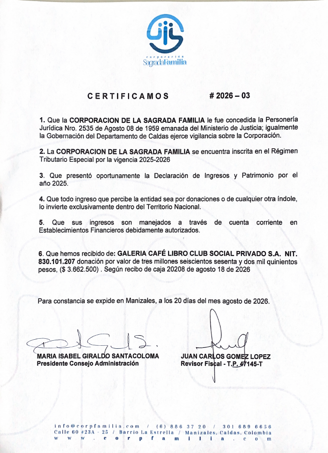 Noticias - Galería Café Libro Certificado donacion presentacion el Clan del Solar 15 de agosto
